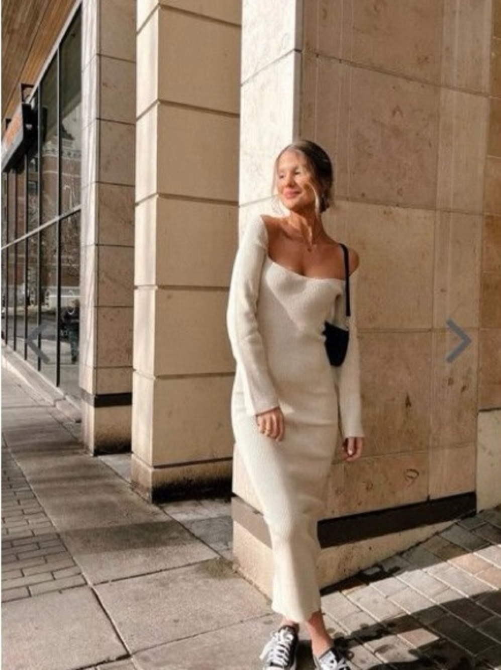 Cream Ribbed Maxi Sweater Dress with Square Neck